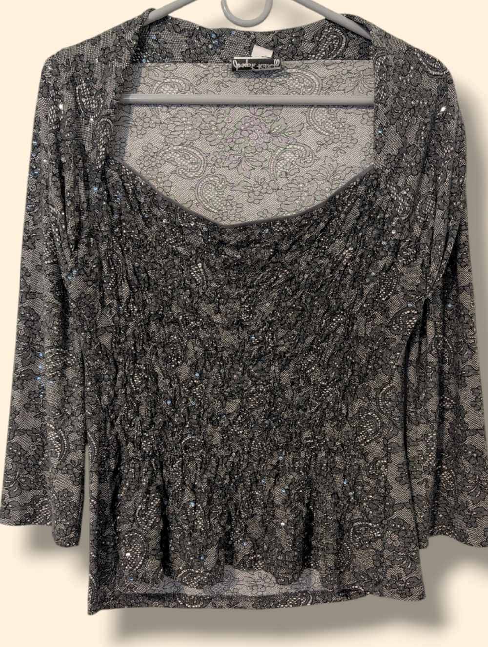 Joseph Ribkoff Black Floral Sequin Square Neck 3/4 Sleeve Jersey Knit Top 16